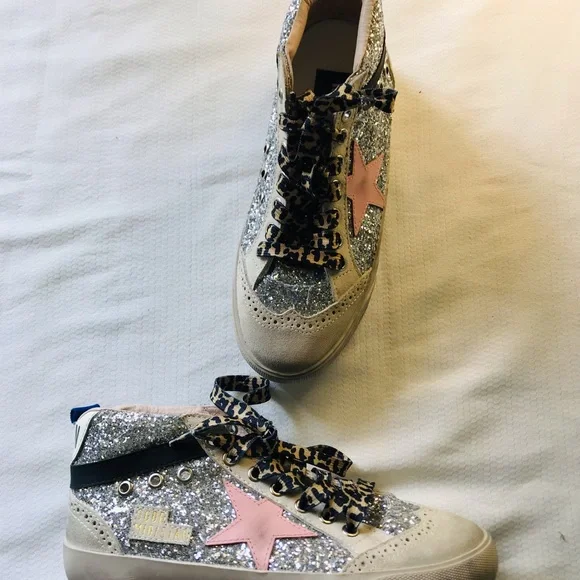 Golden goose mid star Silver Glitter High-Top Sneakers with Pink Star - Picture 8 of 16